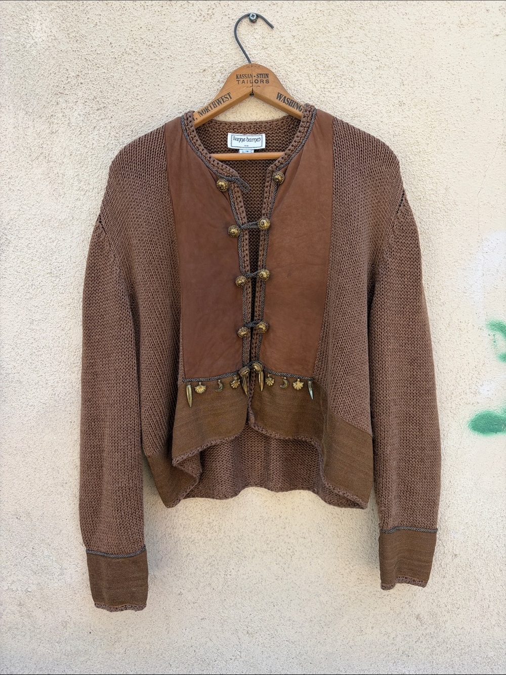 Vintage Brown Leather-Trim Knit Cardigan with Brass Accents